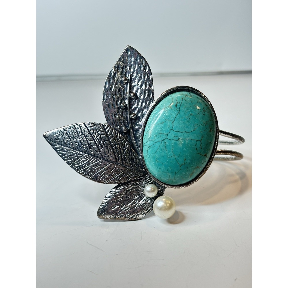 Chunky Cuff Bracelet Faux Turquoise Leaf Silver Tone Cabochon Pearl Hinged Boho